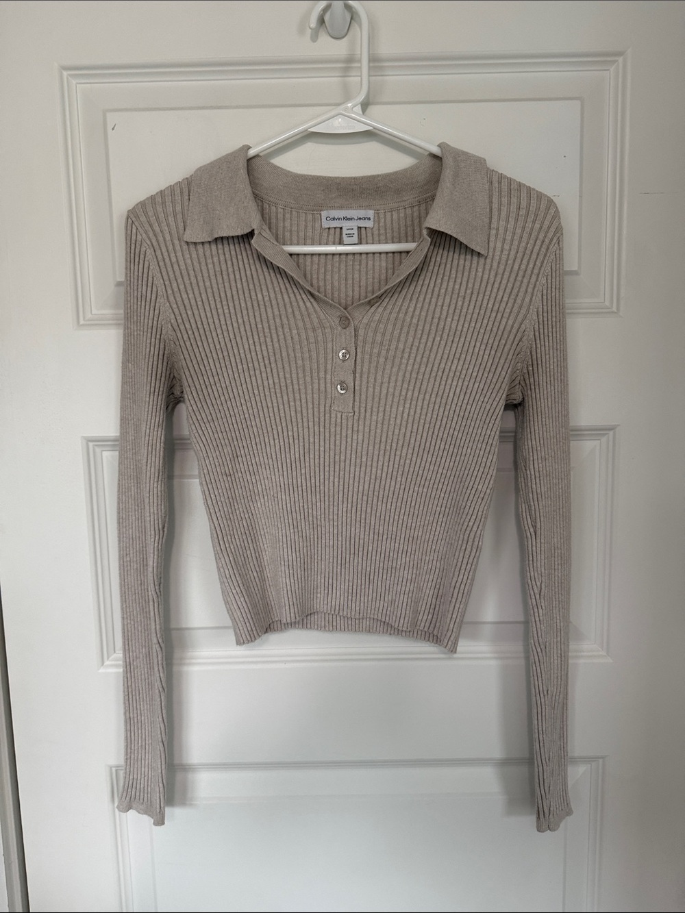 Calvin Klein Jeans Ribbed Polo Cardigan in Taupe